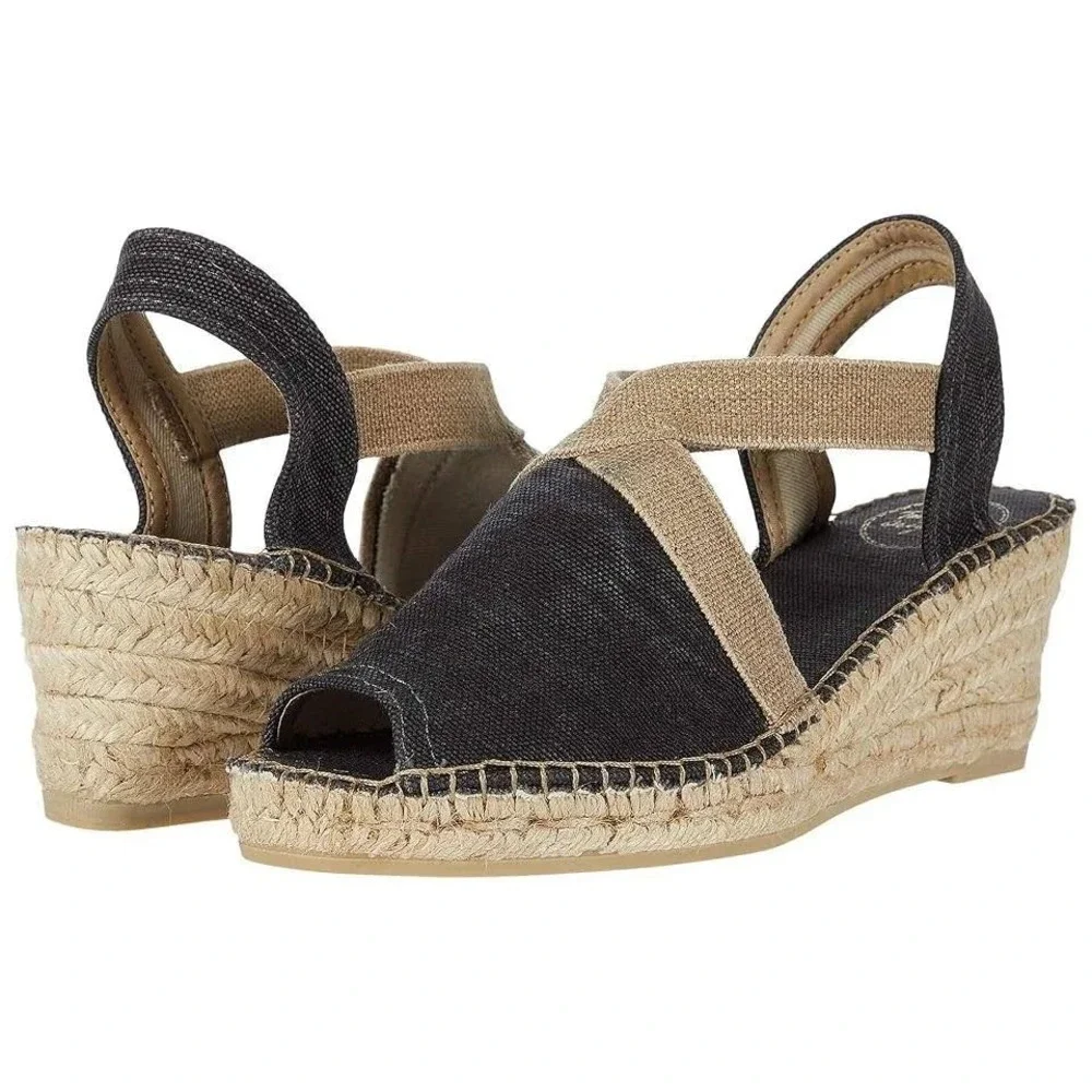Toni Pons Espadrille Sandal Women 37 US 6/6.5 Black Beige Canvas Wedge Slingback